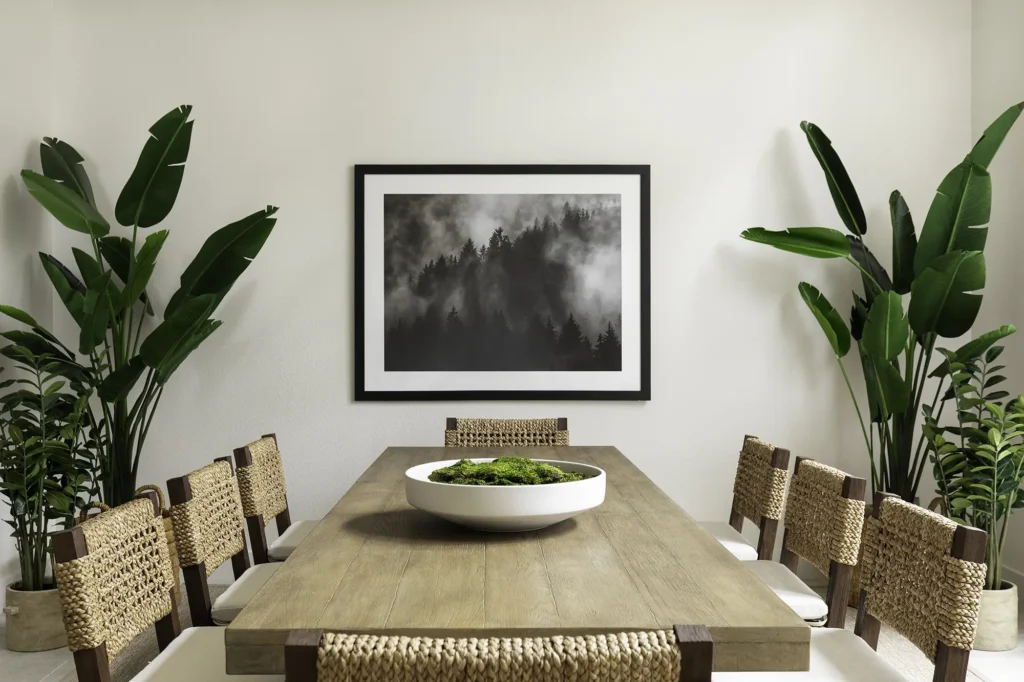 Conference room with large windows and plants