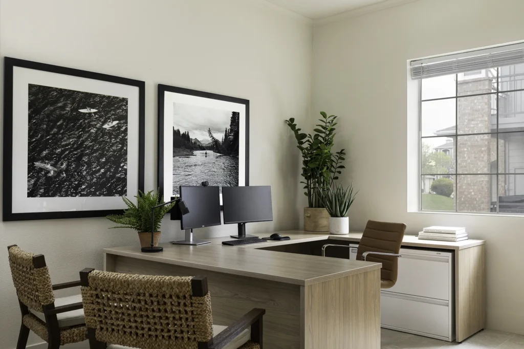 Leasing office with desk and chairs, large window