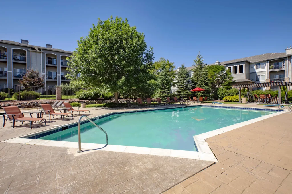 Swimming pool with shaded deck seating and large trees