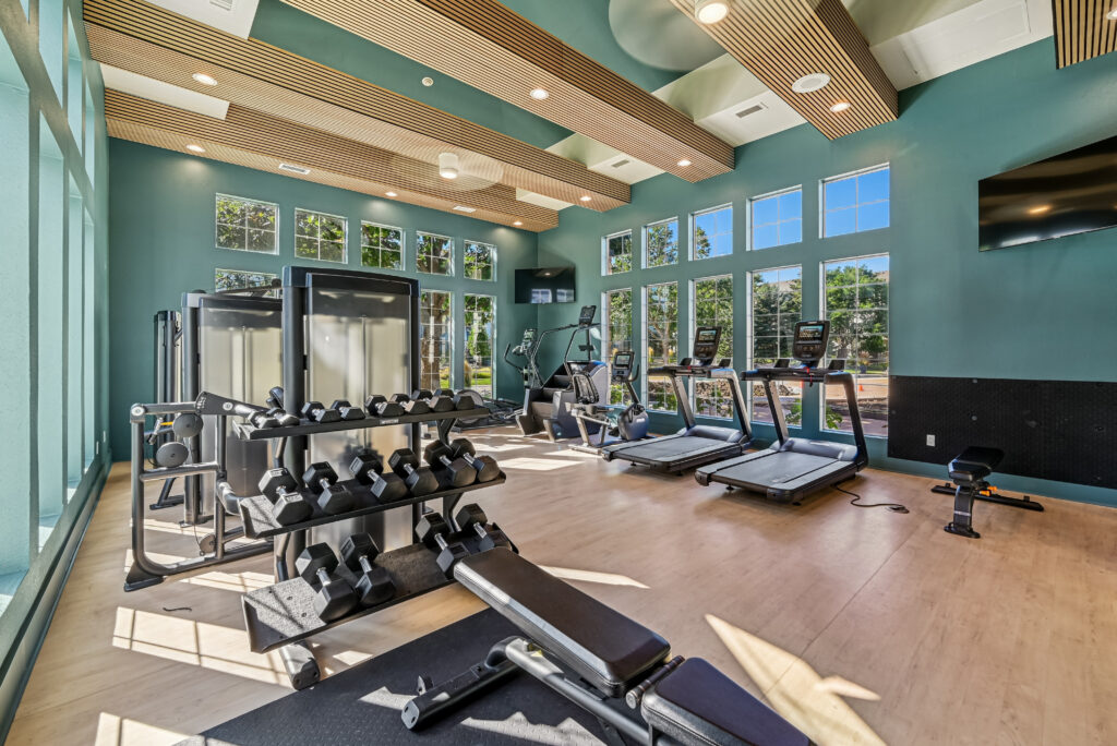 Fitness center with free weights and treadmills